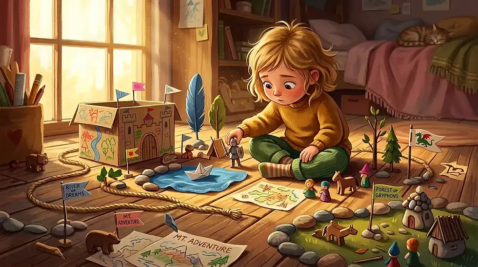 A child plays with a knight figure on a paper village setup in a sunlit room. Maps and flags labeled "River of Dreams" and "Mt. Adventure" are visible.