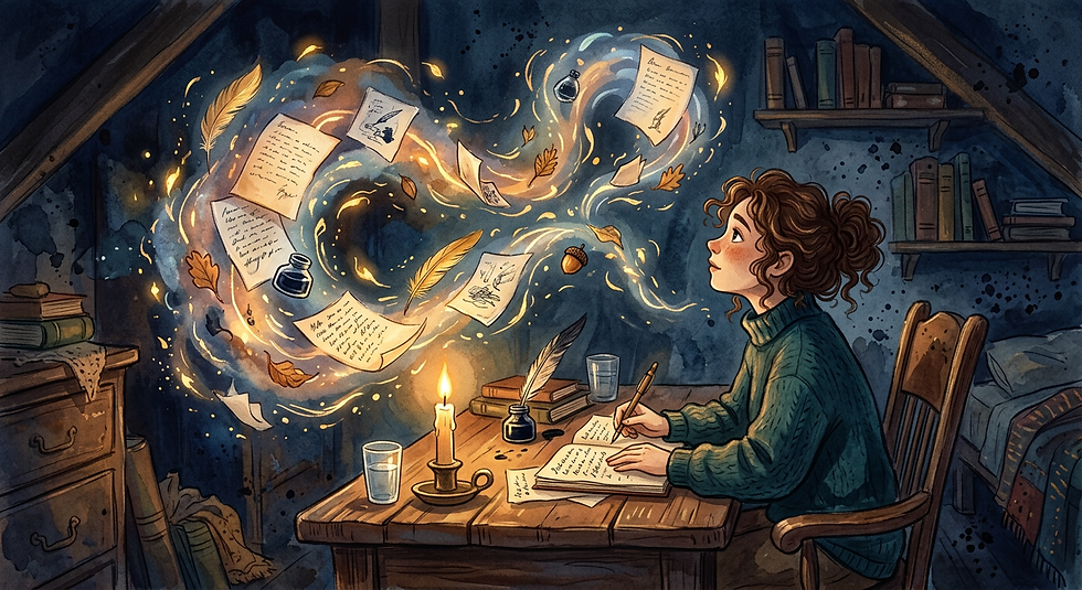 A person in a cozy room writes at a candlelit desk, as papers, quills, and leaves swirl magically. Warm tones create a whimsical mood.