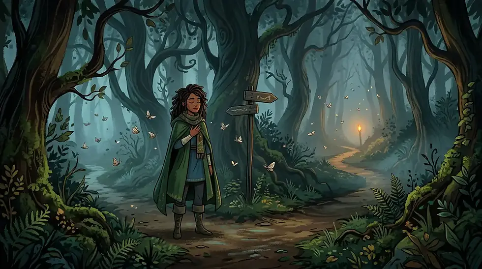 Person in a green cloak stands in a mystical forest beside a signpost. Moths flutter around. A glowing lantern lights a winding path.