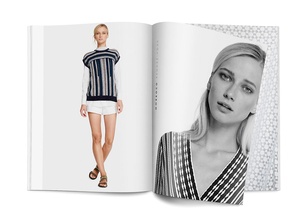 Fashion magazine open, showcasing a model in a polished yet laid-back look and a black-and-white beauty close-up