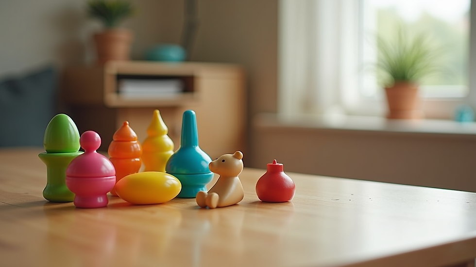 Close-up view of colorful children's educational toys on a wooden table