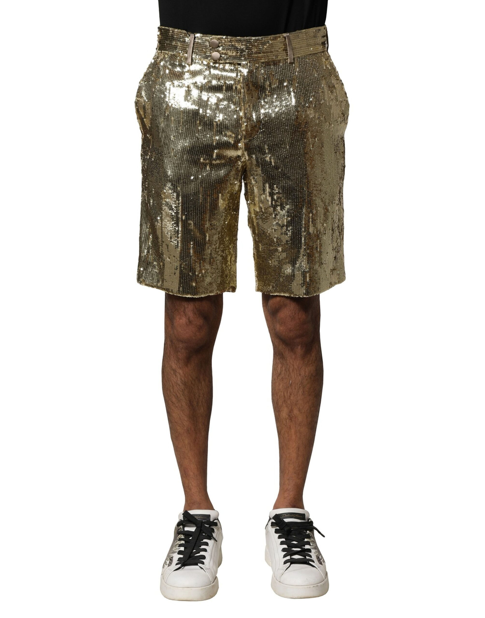 Dolce & Gabbana Gold Sequin Polyester Embellished Bermuda Shorts