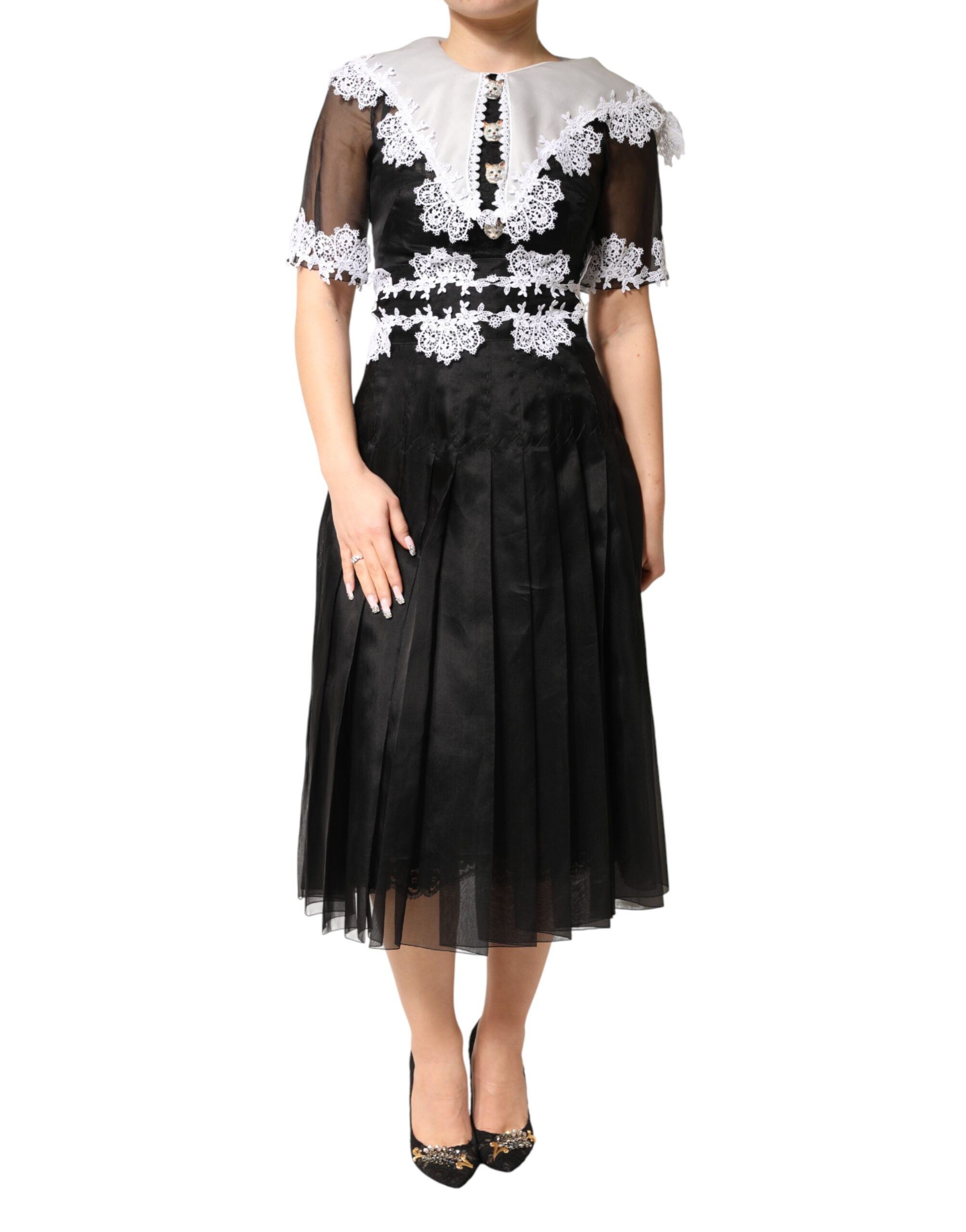 Dolce & Gabbana Black White Silk Macrame Lace Midi Dress