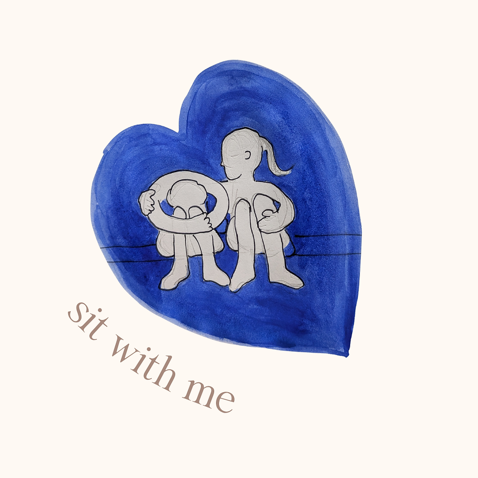 Blue watercolour heart with two figures and the words sit with me