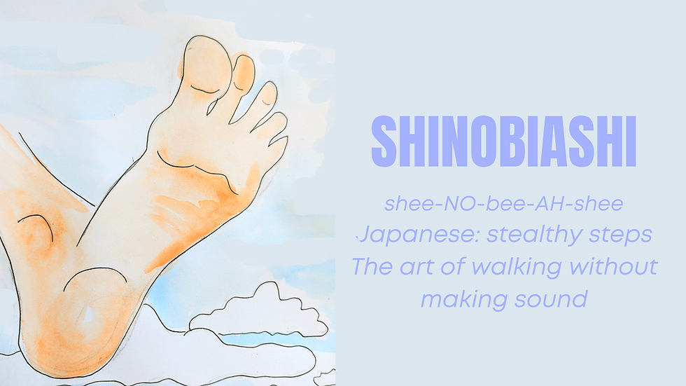 Watercolour foot stepping softly with the Japanese word shinobiashi