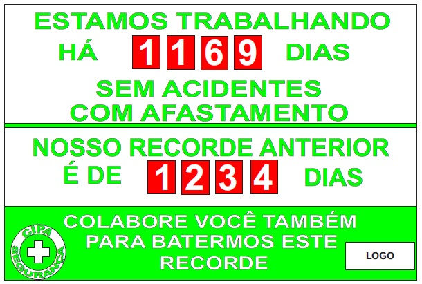 Placa de Segurança Estamos Trabalhando Há _ Dias Sem Acidentes