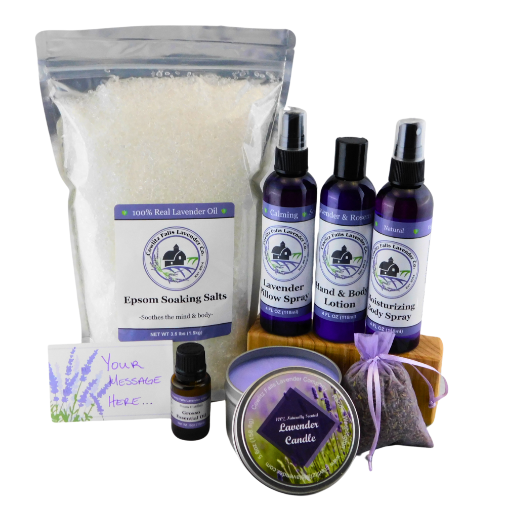 Gift set with epsom salts several purple bottles and other items arranged