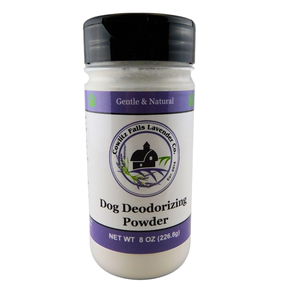 clear container, black lid, white label dog deodorizing powder