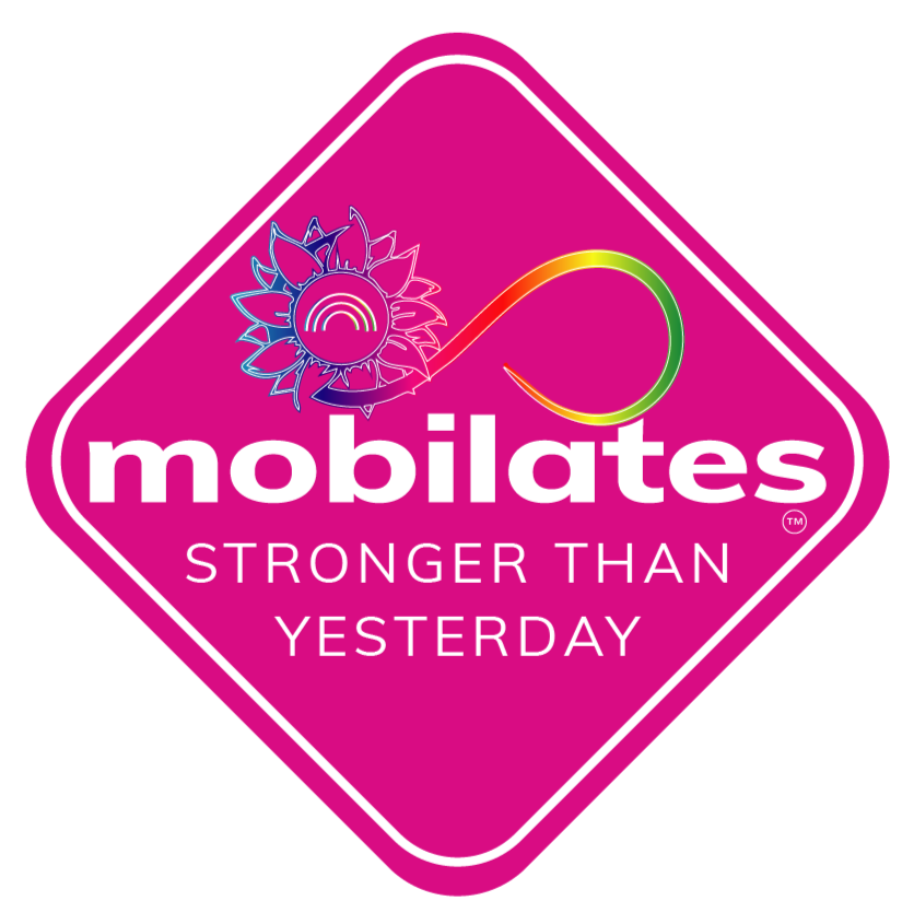 An image of the Mobilates logo which is a pink diamond shape with the word Mobilates in white across the centre and "stronger than yesterday" in smaller writing below. The image above is of an infinity symbol linking to a sunflower, all in rainbow colours.