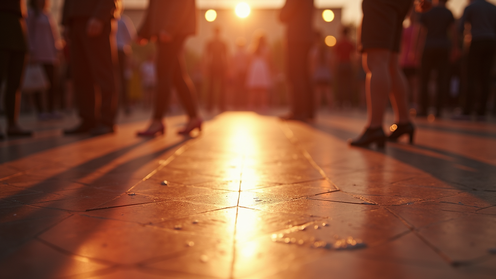 Close-up view of a dance floor with marked spots for social distancing