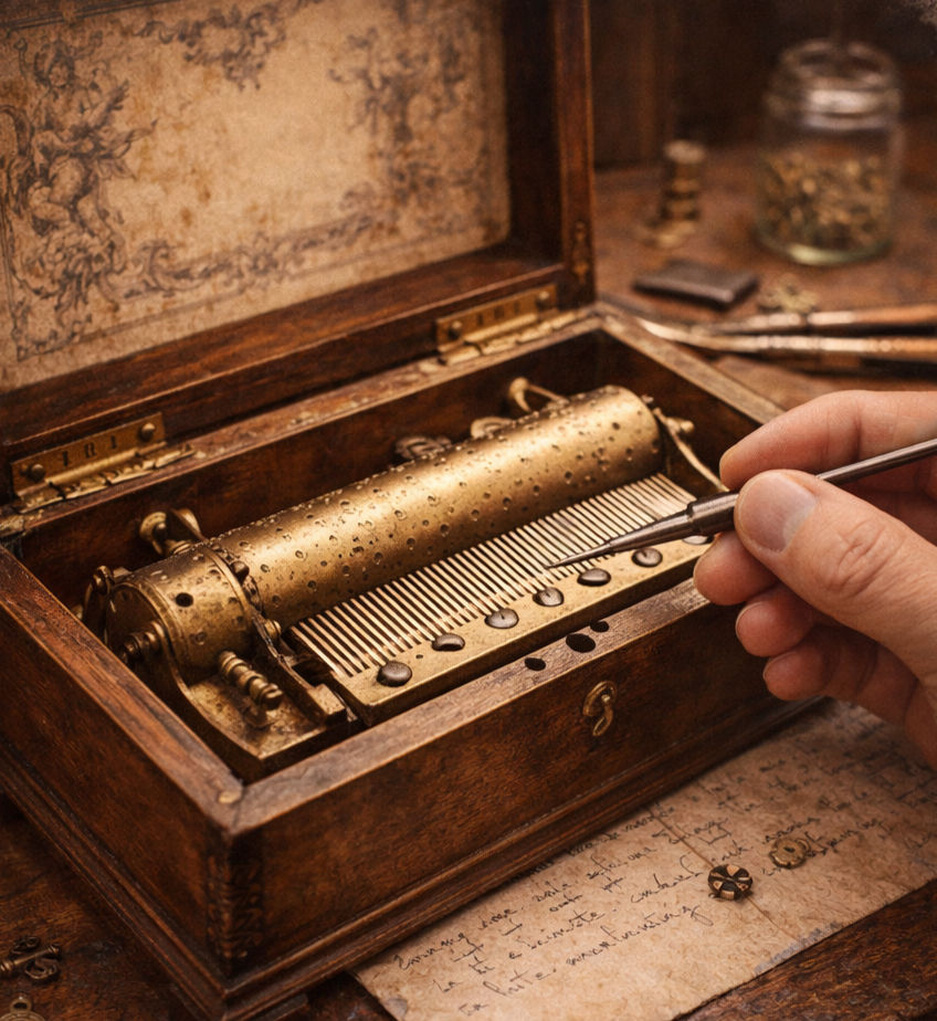 Hand repairing intricate music box mechanism