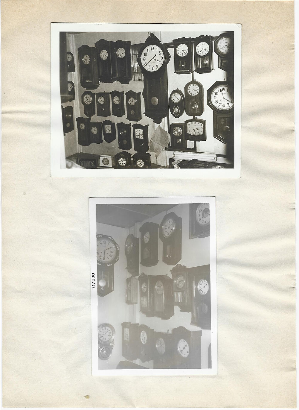 Two vintage photos of walls covered in clocks
