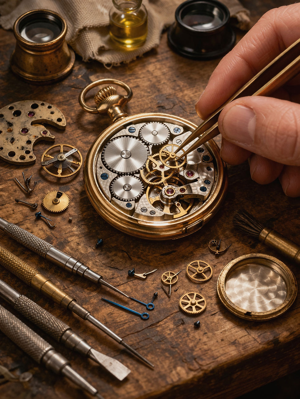 Watchmaker repairing watch movement, part of repair services