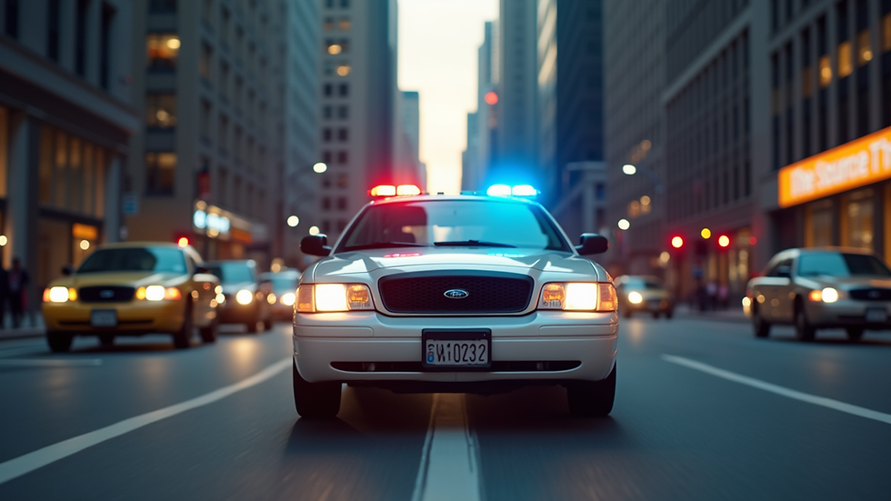 Eye-level view of a police car with flashing lights on a city street