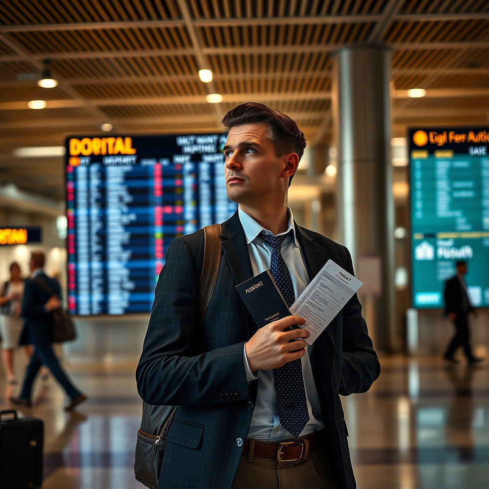 Business traveler standing in airport terminal looking at departure board while holding passport and boarding pass, professional appearance, realistic Houston airport atmosphere, subtle concern and uncertainty.