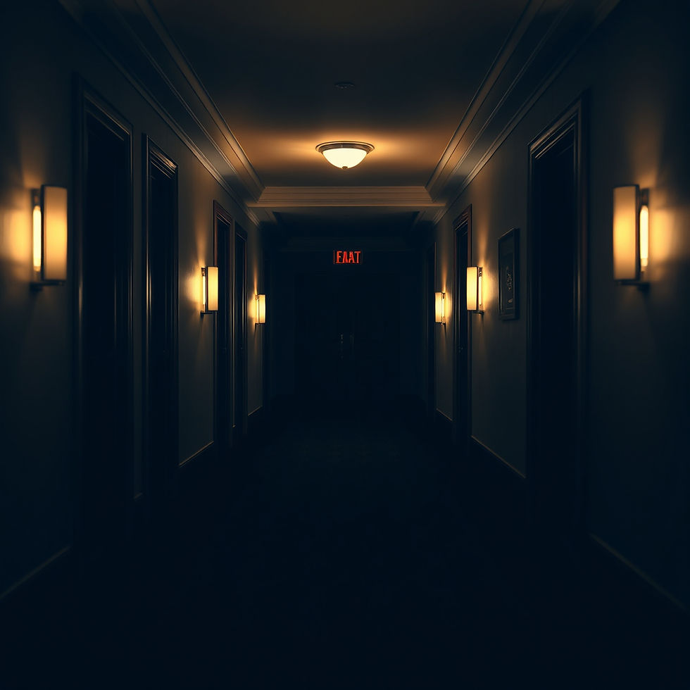 Dimly lit hallway with glowing wall sconces and a distant exit sign, creating an atmospheric and mysterious ambiance.