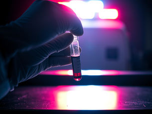 A  gloved hand holds a test tube containing a blood sample, illuminated by the glow of emergency vehicle lights, creating a dramatic scene indicative of a forensic investigation.