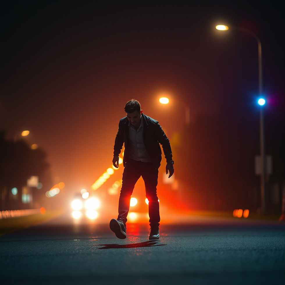 Man walking on a dimly lit street at night, silhouetted by bright car headlights in the background, creating a dramatic mood.