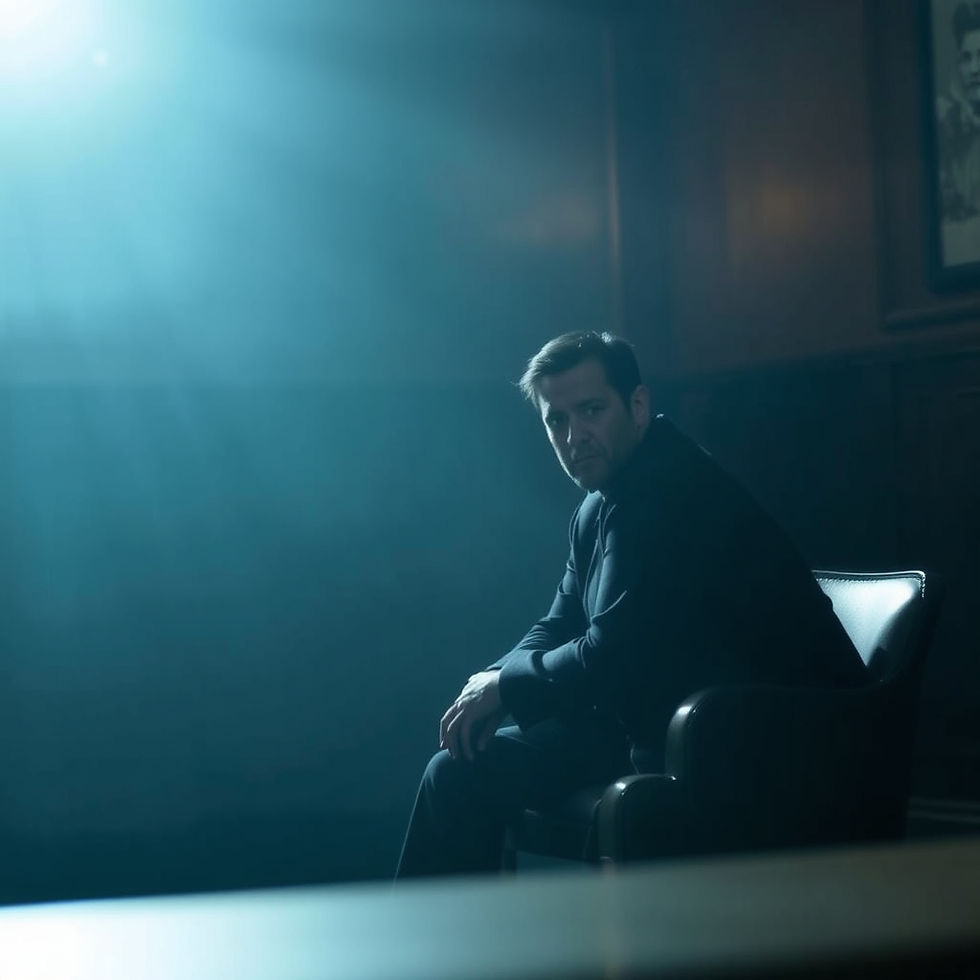 Man in a dim, blue-lit room sits on a leather chair, looking serious. Light beams from the left, adding dramatic contrast.