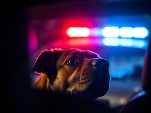 A curious dog sits in the back of a car, intrigued by the vibrant flashing lights of a police vehicle in the background.