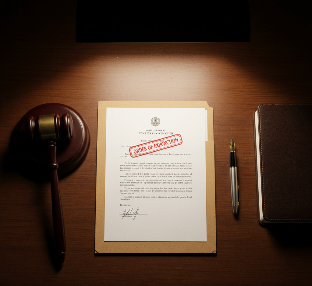 Legal desk with gavel, pen, and folder holding an Order of Expunction stamped in red; Houston Legal Group plaque below.