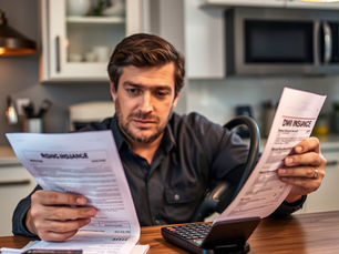 Houston driver reviewing rising insurance bill at kitchen table, paperwork and calculator visible, concerned expression, focus on financial consequences of a DWI.