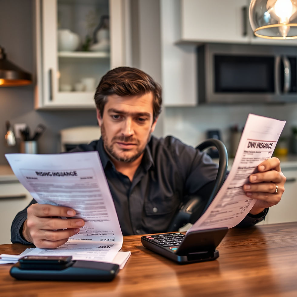 Houston driver reviewing rising insurance bill at kitchen table, paperwork and calculator visible, concerned expression, focus on financial consequences of a DWI.