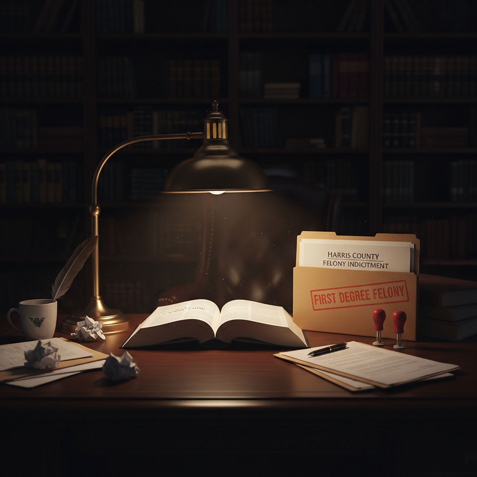 A dimly lit legal office table with open law books, marked folders labeled "Harris County Felony Indictment" and "First Degree Felony," a quill pen, and crumpled papers, evokes the intensity and seriousness of legal proceedings.
