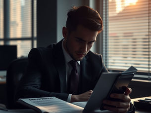 Serious man in a suit reviews a phone and EMPLOYEEBOOK notebook at an office desk, warm sunset light through blinds.