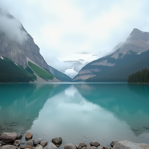 Eye-level view of a serene lake surrounded by Canadian Rockies