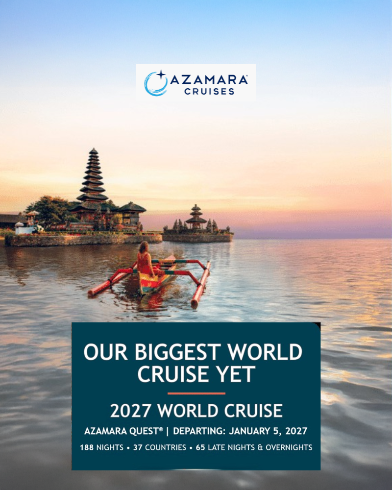 Sunset over water, person in red canoe near temple. Text: Azamara Cruises, "Our Biggest World Cruise Yet, 2027 World Cruise."