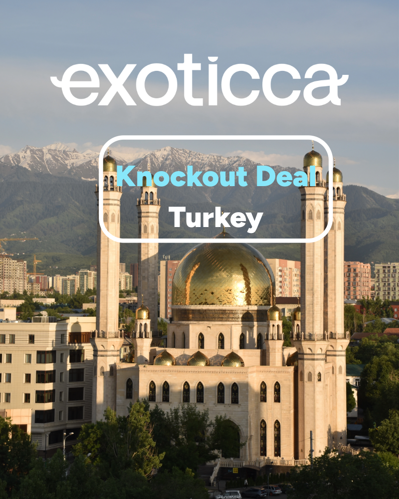 Golden-domed mosque in urban Turkey with snowy mountains in the background. Text reads "exoticca, Knockout Deal, Turkey."