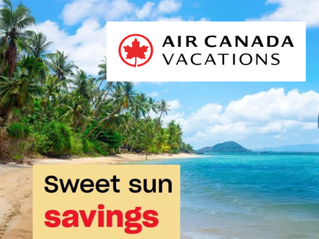 Sunny beach with palm trees and blue sea. Text reads "Air Canada Vacations" and "Sweet sun savings." Clear sky and tropical vibes.