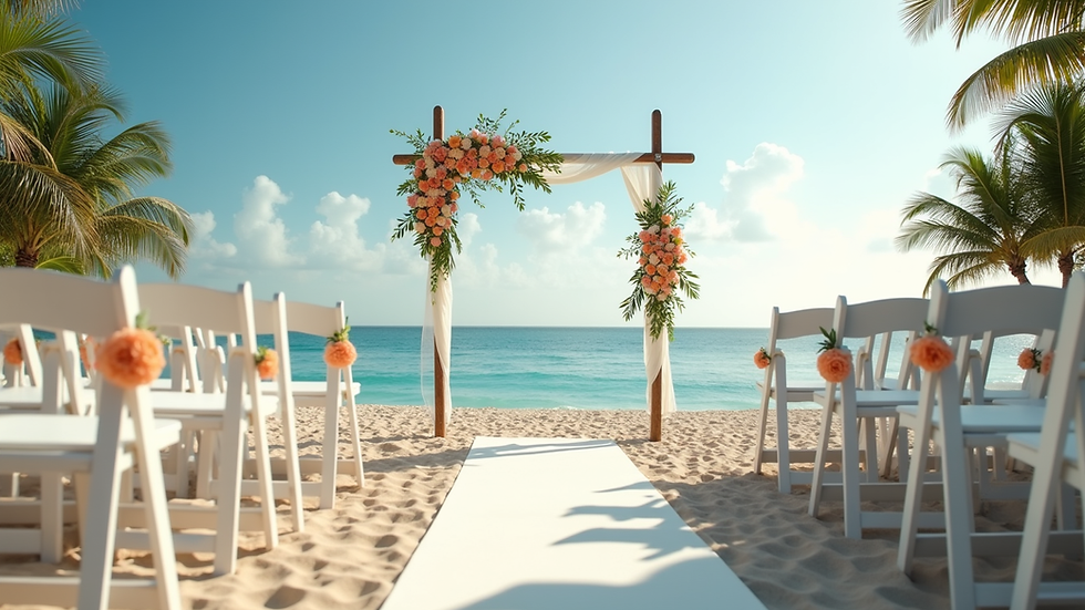 Eye-level view of a tropical beach wedding setup with white chairs and floral decorations