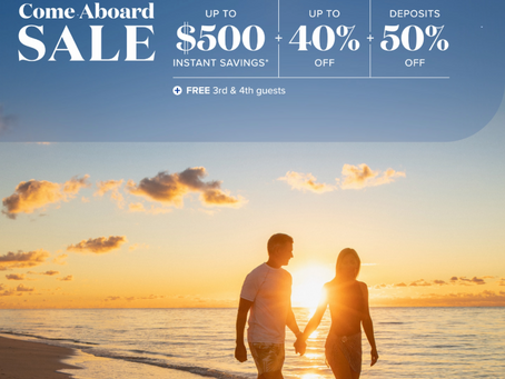 Couple holds hands, walking on a beach at sunset. "Princess" cruise sale offers $500 savings, 40% off, and more. Text at Starfish Beach.