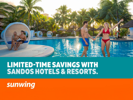 Couple holding hands by a tropical pool; two relax in a wicker cabana. Text: Limited-time savings with Sandos Hotels & Resorts.