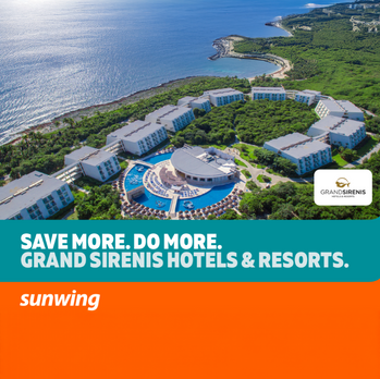 Aerial view of Grand Sirenis resort by the sea, lush greenery, blue pool, with text: "SAVE MORE. DO MORE. GRAND SIRENIS HOTELS & RESORTS."