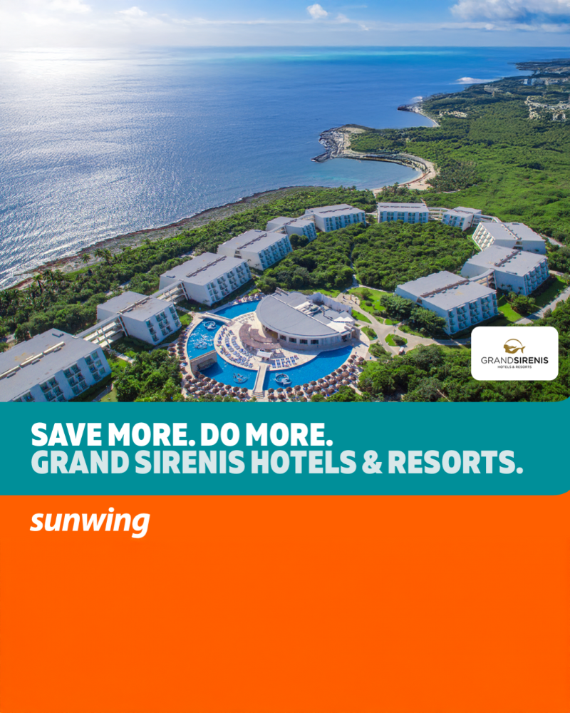 Aerial view of Grand Sirenis resort by the sea, lush greenery, blue pool, with text: "SAVE MORE. DO MORE. GRAND SIRENIS HOTELS & RESORTS."