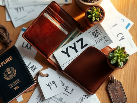 Brown wallet with travel tickets labeled "YYZ" and "LAX," passport, and potted succulents on a wood table. Cozy travel vibe.