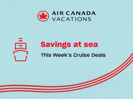 Air Canada Vacations ad on blue background with red ship icon, "Savings at sea" in red text, promoting cruise deals.