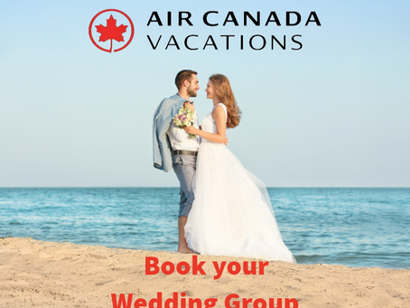 Bride and groom embrace on a beach under Air Canada Vacations logo; red text reads Book your Wedding Group with us!