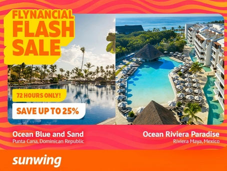 Flyer for Flynancial Flash Sale with 3 resort images, pool scenes, palm trees, people relaxing. Text: "72 hours only! Save up to 40%".