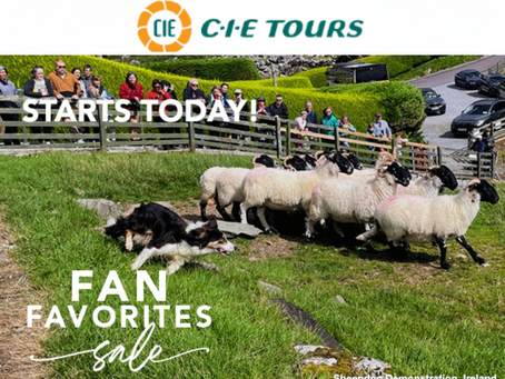 CIE Tours logo above a sheepdog demonstration in Ireland with sheep, dogs, and onlookers; STARTS TODAY, FAN FAVORITES sale.