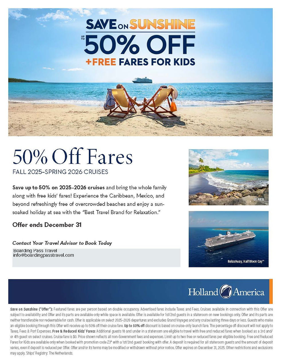 Beach scene with chairs and towels, ocean background with cruise ship. Text: "Save 50% Off + Free Fares for Kids." Offer ends Dec 31.