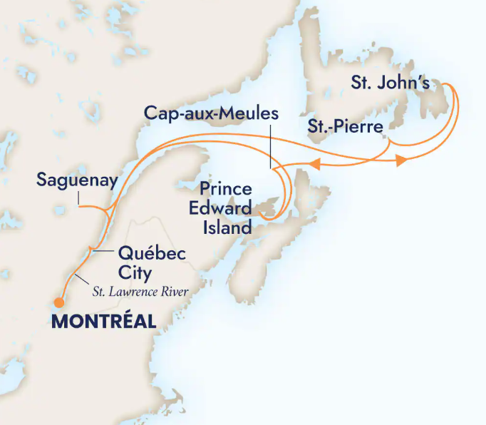 Map of Atlantic Canada showing orange route arrows from Montréal and Québec City to PEI, St. Pierre and St. John’s.
