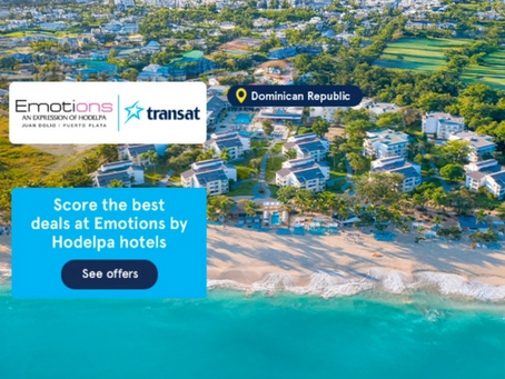 Aerial view of a beachfront resort in the Dominican Republic. Lush greenery, turquoise sea, and promotional text for Emotions by Hodelpa.