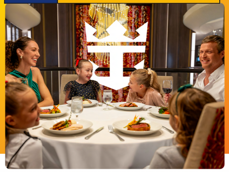 Royal Caribbean ad showing a smiling family dining at a Thanksgiving table, with logo and Create New Thanksgiving Traditions text.