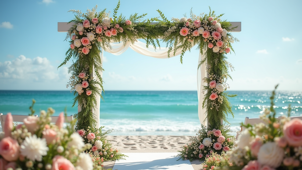 Wide angle view of a beachfront wedding arch decorated with flowers and ocean in the background