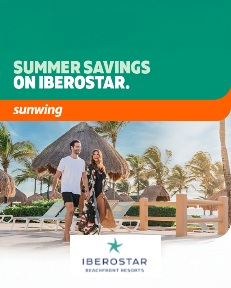 Couple walking at a tropical resort with palm trees and palapas; ad reads SUMMER SAVINGS ON IBEROSTAR and sunwing.