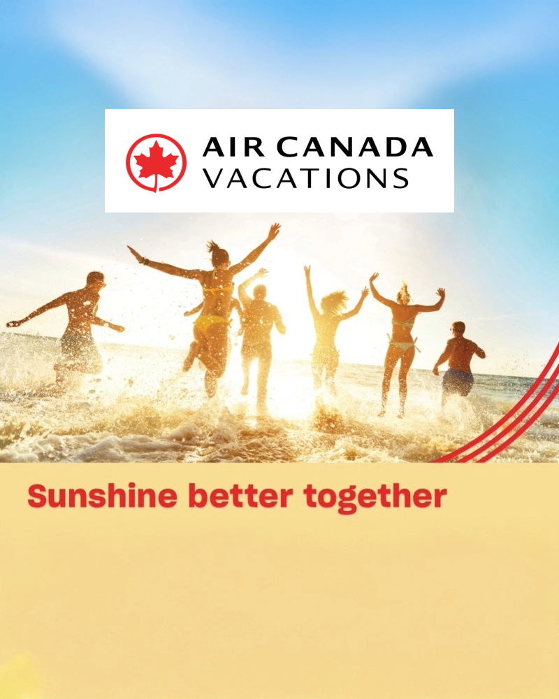 People joyfully running on a beach under a bright sky. Air Canada Vacations logo above, text reads "Sunshine better together."
